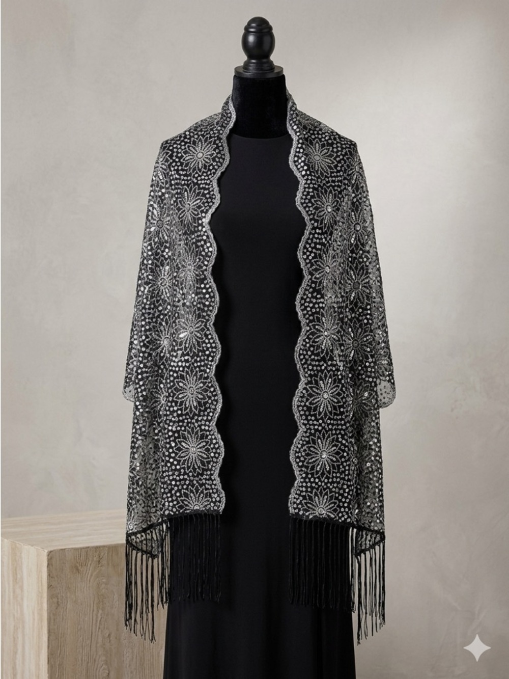 Black Sequin Floral Lace Shawl - Scalloped Embroidered Evening Wrap Wedding